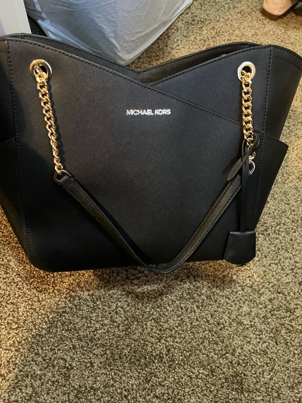 Michael Kors Black Leather Tote with Gold Chain Straps